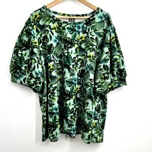 Worthington Green Tropical Leaf Blouse Palm Plus Size Top Puff Sleeve Size 3X